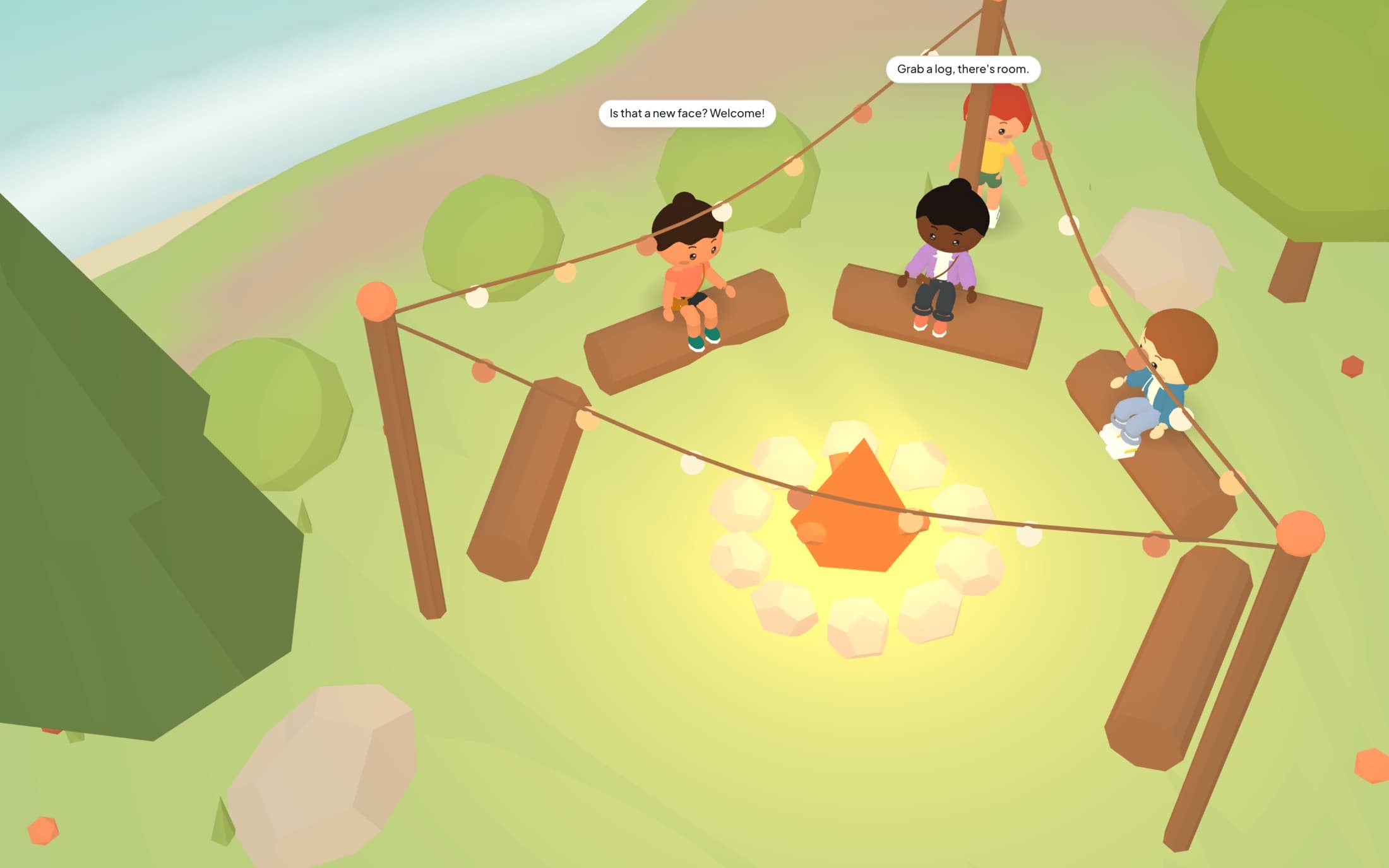 Close up on Welcome Island's fire, where Islanders are talking